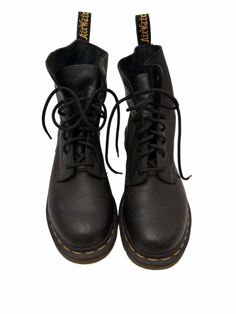 Dr. Martens 1460 Black Smooth Leather Lace-Up Boots with Yellow Stitching